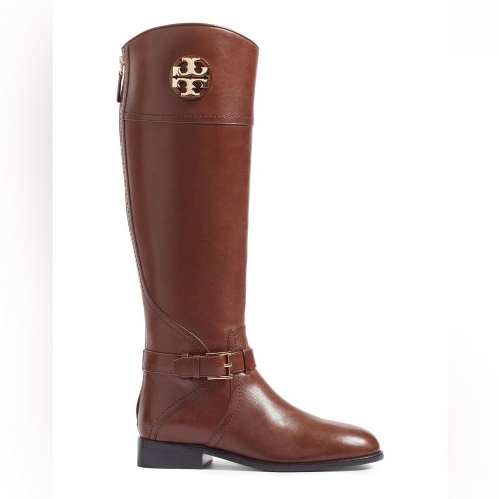 TORY BURCH Adeline Riding Tall Boots 7 Leather Almond Brown Gold Logo NWT $498